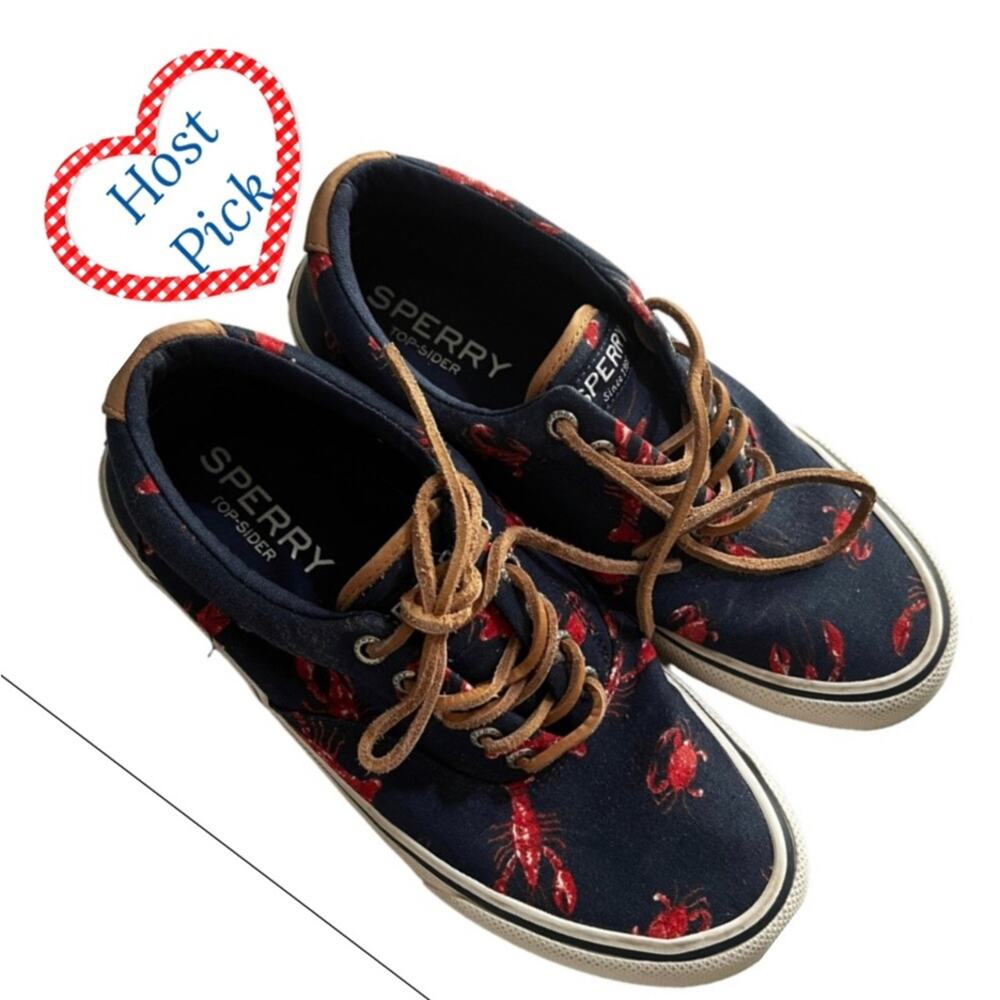 Sperry Topsider Canvas Blue Leather Lace Up Shoes Sneakers Lobster Crab Men's 7